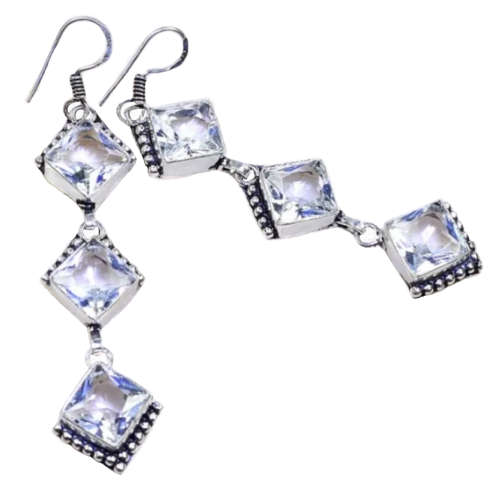 White Topaz Facet Cut Squares set in .925 Sterling Silver Plated Handmade Long Earrings
