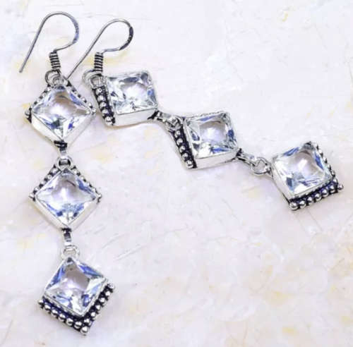 White Topaz Facet Cut Squares set in .925 Sterling Silver Plated Handmade Long Earrings