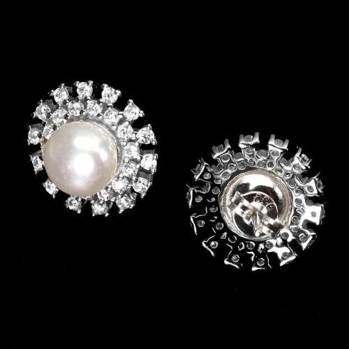 Deluxe 8mm Natural Freshwater White Pearl, White CZ Solid .925 Silver 14K White Gold Stud Earrings
