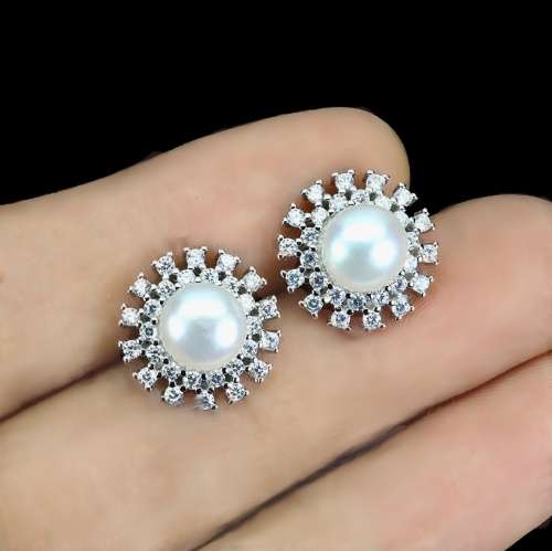 Deluxe 8mm Natural Freshwater White Pearl, White CZ Solid .925 Silver 14K White Gold Stud Earrings