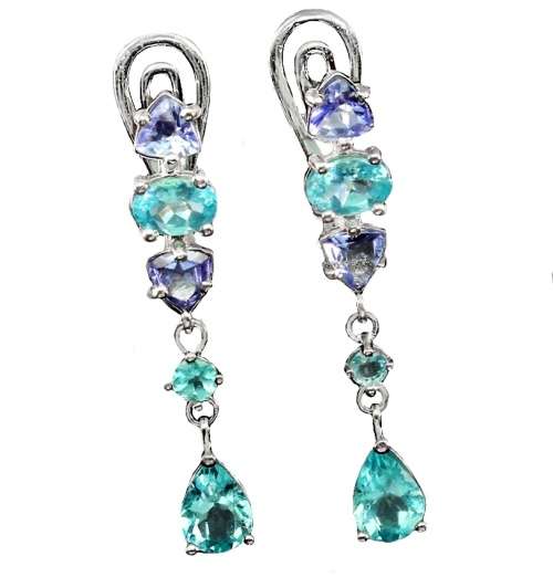 Rare Natural Unheated Tanzanite and Apatite Solid .925 Silver & White Gold Earrings