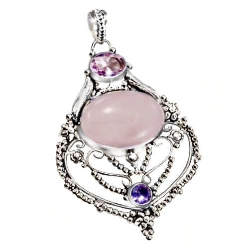 Natural Rose Quartz Topaz Amethyst set in  .925 Sterling Silver Plated Handmade Pendant
