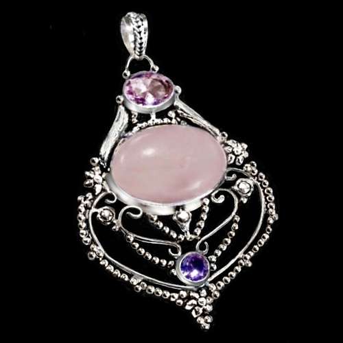 Natural Rose Quartz Topaz Amethyst set in  .925 Sterling Silver Plated Handmade Pendant