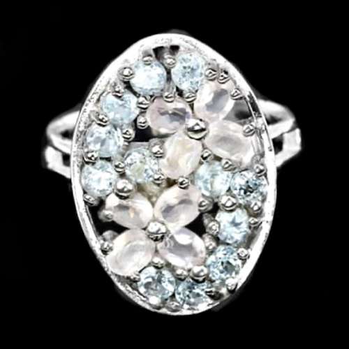 Outstanding Natural Rose Quartz, Sky Blue Topaz Zirconia Gemstone Solid .925 Silver Size 6.75