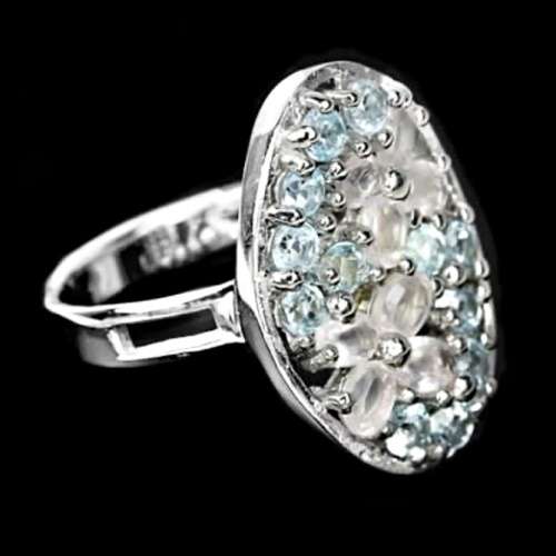 Outstanding Natural Rose Quartz, Sky Blue Topaz Zirconia Gemstone Solid .925 Silver Size 6.75