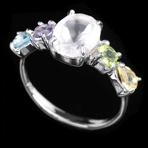Earth Mined Genuine Stones Rose Quartz, Multi-Gems Solid .925 Sterling Silver Ring Size 6.75 /N1/2-O