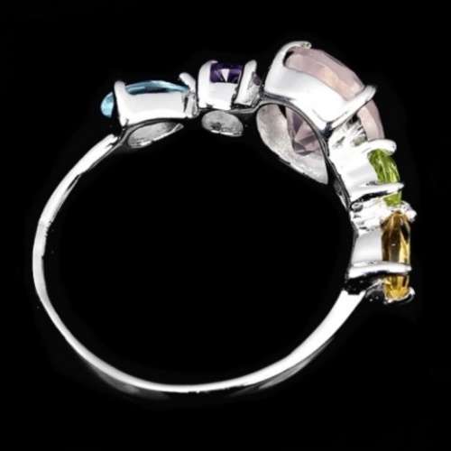 Earth Mined Genuine Stones Rose Quartz, Multi-Gems Solid .925 Sterling Silver Ring Size 6.75 /N1/2-O