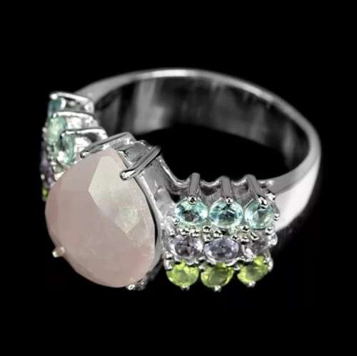 Natural  Rose Quartz, Multi-Gems in Solid .925 Sterling Silver 14K White Gold Ring Size 6.5 or N
