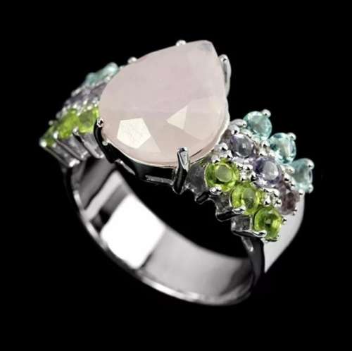 Natural  Rose Quartz, Multi-Gems in Solid .925 Sterling Silver 14K White Gold Ring Size 6.5 or N