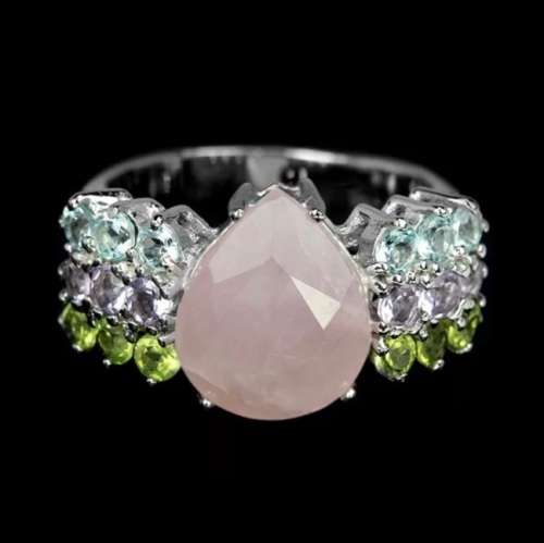 Natural  Rose Quartz, Multi-Gems in Solid .925 Sterling Silver 14K White Gold Ring Size 6.5 or N