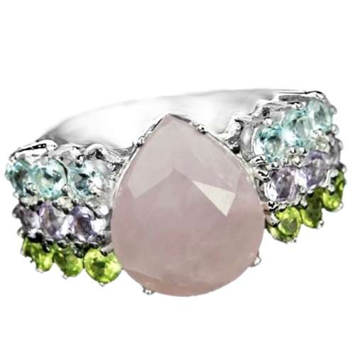 Natural  Rose Quartz, Multi-Gems in Solid .925 Sterling Silver 14K White Gold Ring Size 6.5 or N