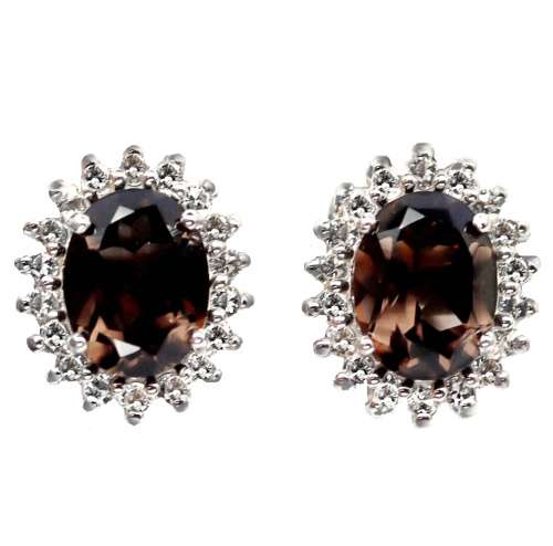 23.85cts Natural Unheated Smoky Quartz White Cubic Zirconia .925 Sterling Silver 14K W/Gold Earrings