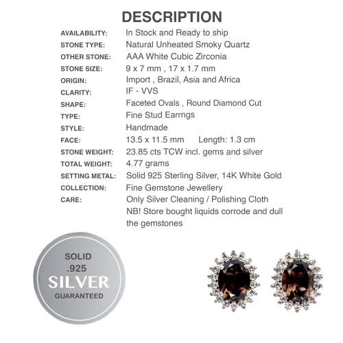 23.85cts Natural Unheated Smoky Quartz White Cubic Zirconia .925 Sterling Silver 14K W/Gold Earrings
