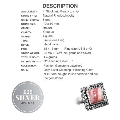 Natural Dainty Rhodochrosite Gemstone .925 Sterling Silver stamped Plated Ring Size 8 or Q