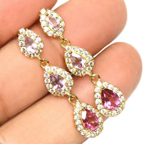 Deluxe Natural Purple Amethyst Mystic Pink Topaz White CZ Gemstone Solid.925 Silver 18K Yellow Gold