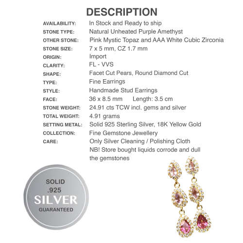 Deluxe Natural Purple Amethyst Mystic Pink Topaz White CZ Gemstone Solid.925 Silver 18K Yellow Gold
