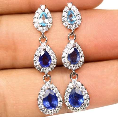 Deluxe Natural Heated Blue Sapphire, Blue topaz White CZ Solid .925 Silver 14K White Gold Earrings