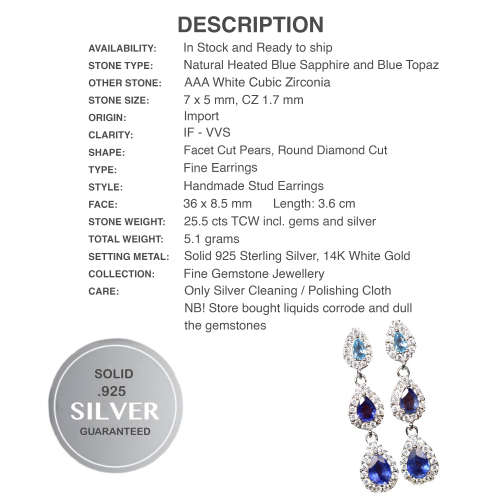 Deluxe Natural Heated Blue Sapphire, Blue topaz White CZ Solid .925 Silver 14K White Gold Earrings