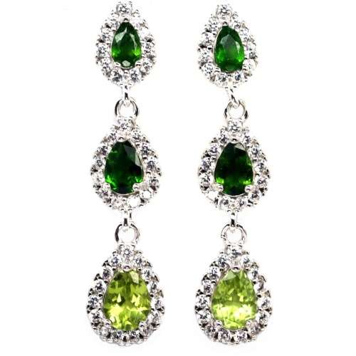 Deluxe Natural Unheated Chrome Diopside, Peridot, CZ Solid .925 Silver 14k White Gold Earrings
