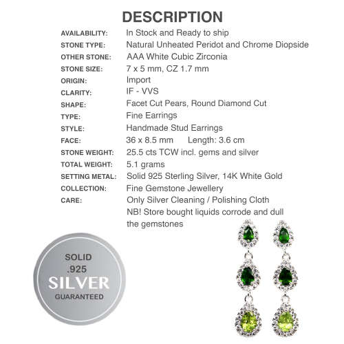 Deluxe Natural Unheated Chrome Diopside, Peridot, CZ Solid .925 Silver 14k White Gold Earrings