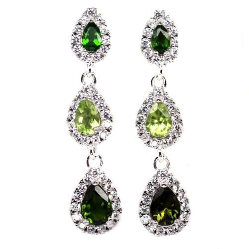 Deluxe Natural Unheated Chrome Diopside, Peridot, CZ Solid .925 Silver 14k White Gold Earrings