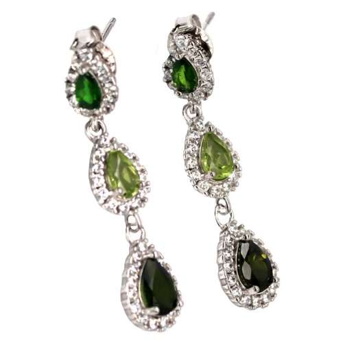 Deluxe Natural Unheated Chrome Diopside, Peridot, CZ Solid .925 Silver 14k White Gold Earrings