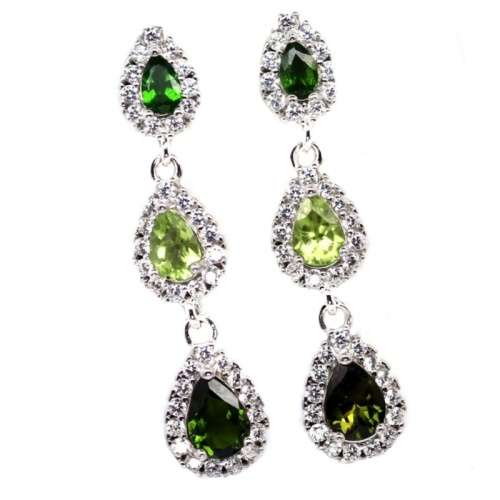 Deluxe Natural Unheated Chrome Diopside, Peridot, CZ Solid .925 Silver 14k White Gold Earrings