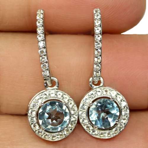 Deluxe Unheated Sky Blue Topaz and White Topaz Gemstone Solid .925 Silver 14K White Gold Earrings