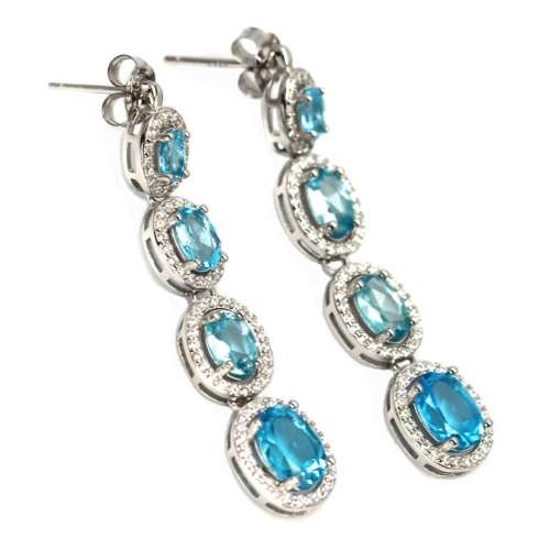 Deluxe Unheated Sky Blue Topaz Ovals & White CZ Gemstone Solid .925 Silver 14K White Gold Earrings