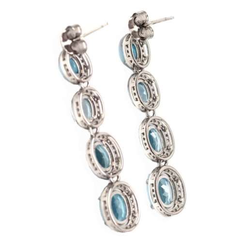 Deluxe Unheated Sky Blue Topaz Ovals & White CZ Gemstone Solid .925 Silver 14K White Gold Earrings