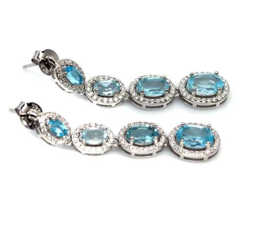 Deluxe Unheated Sky Blue Topaz Ovals & White CZ Gemstone Solid .925 Silver 14K White Gold Earrings