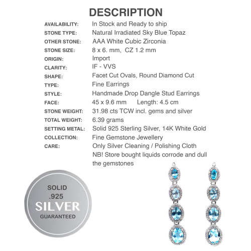 Deluxe Unheated Sky Blue Topaz Ovals & White CZ Gemstone Solid .925 Silver 14K White Gold Earrings
