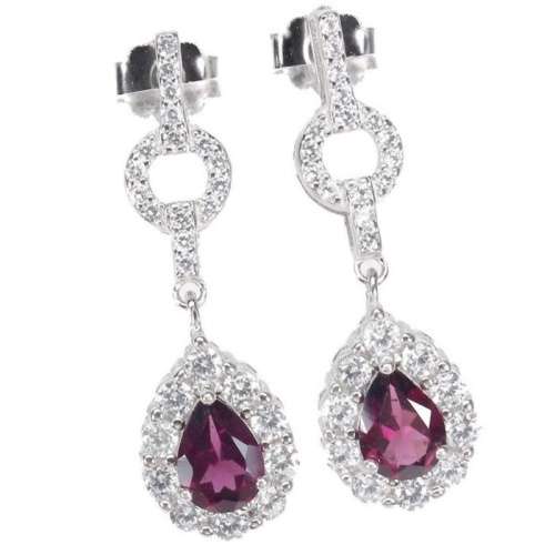 Natural Unheated Rhodolite Garnet AA White CZ Solid .925 Sterling Silver 14K White Gold Earrings