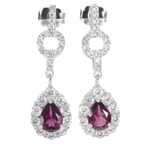 Natural Unheated Rhodolite Garnet AA White CZ Solid .925 Sterling Silver 14K White Gold Earrings