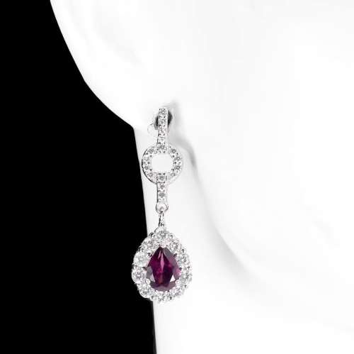 Natural Unheated Rhodolite Garnet AA White CZ Solid .925 Sterling Silver 14K White Gold Earrings