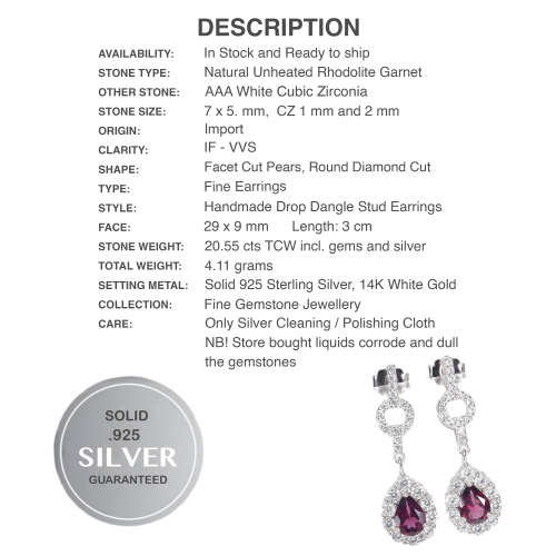 Natural Unheated Rhodolite Garnet AA White CZ Solid .925 Sterling Silver 14K White Gold Earrings