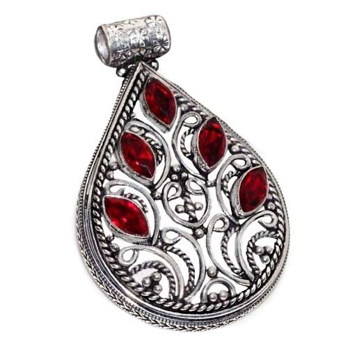 Deep Rich Red Garnet Pear Shape Gemstones set in .925 Sterling Silver Plated Handmade Pendant