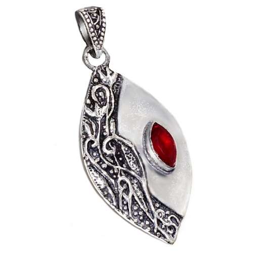 Marquise Cut Deep Rich Red Garnet Gemstone set in .925 Sterling Silver Plated Leaf Pendant