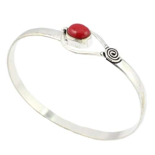 Vibrant Red Coral set in 925 Sterling Silver Plated Handmade Dainty Bangle