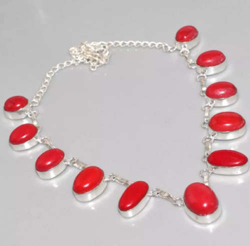 Vibrant Red Coral Ovals set in .925 Sterling Silver Plated Elegant Necklace