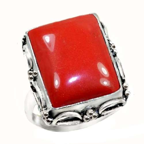 Antique Style Red Coral set in .925  Sterling Silver Plated Handmade Ring Size US 10 / T