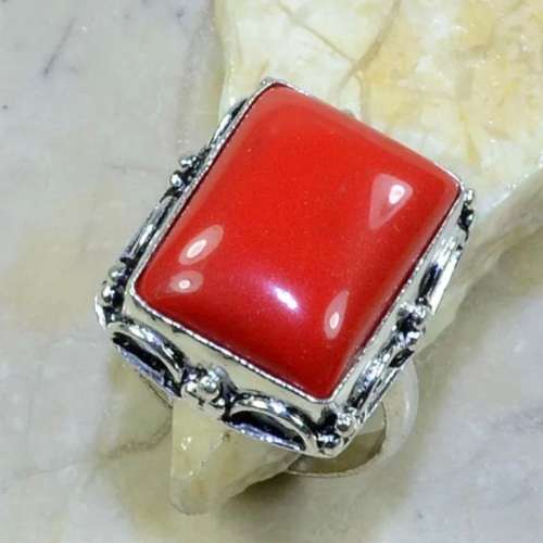 Antique Style Red Coral set in .925  Sterling Silver Plated Handmade Ring Size US 10 / T