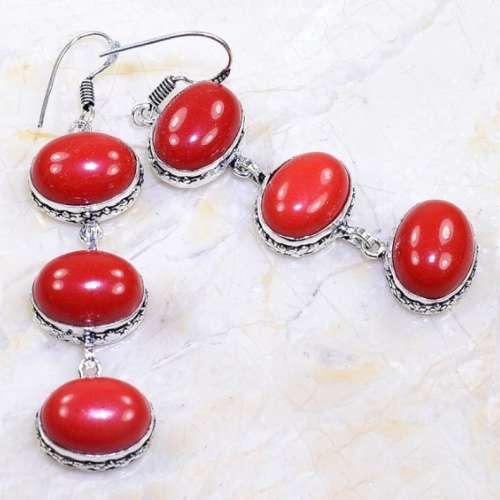 Red Coral Ovals set in .925 Sterling Silver Plated Handmade Long Earrings