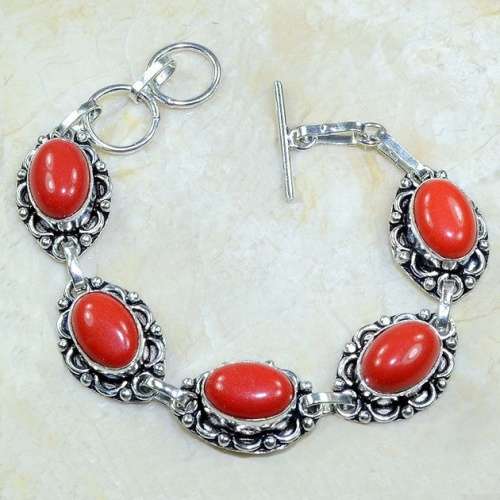 Red Coral Ovals in Antique Style set .925 Sterling Silver Plated Handmade Bracelet