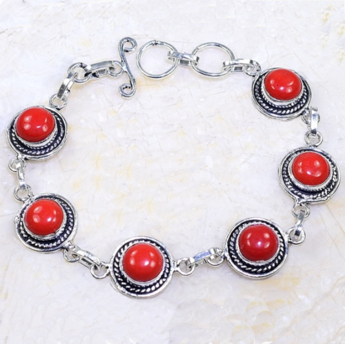 Red Coral Round Button Antique Style .925 Sterling Silver Plated Handmade Bracelet