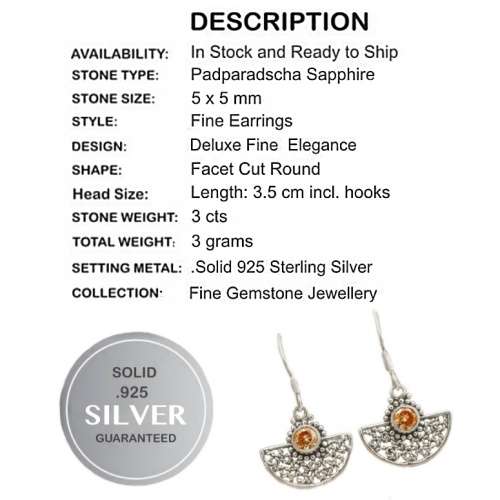 Indonesian - Bali Padparadscha Sapphire set in Solid .925 Sterling Silver Earrings