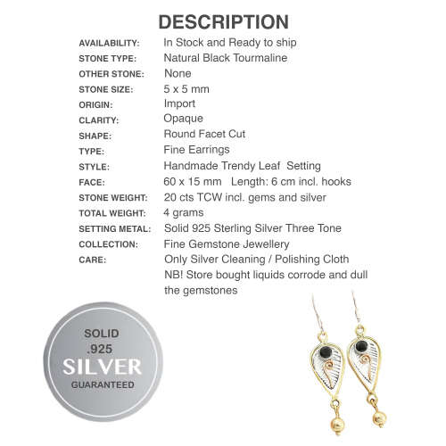 Two Tone  Natural Black Tourmaline Gemstone set in Solid .925 Sterling Silver Drop Dangle Earrings
