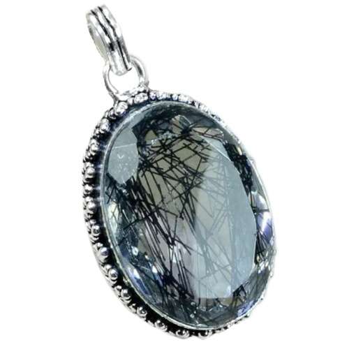 Black Rutile Quartz Oval set in 925 Sterling Silver Plated Antique Style Handmade Pendant