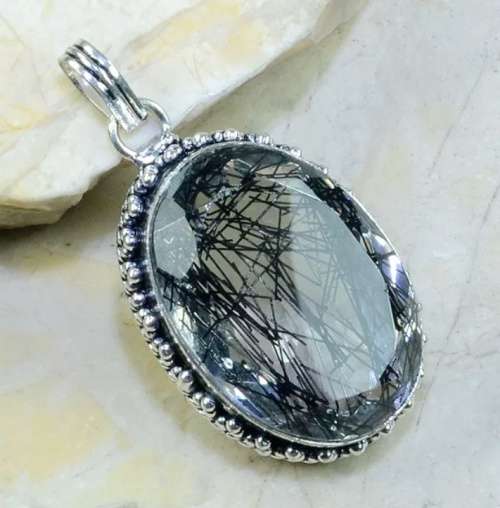 Black Rutile Quartz Oval set in 925 Sterling Silver Plated Antique Style Handmade Pendant