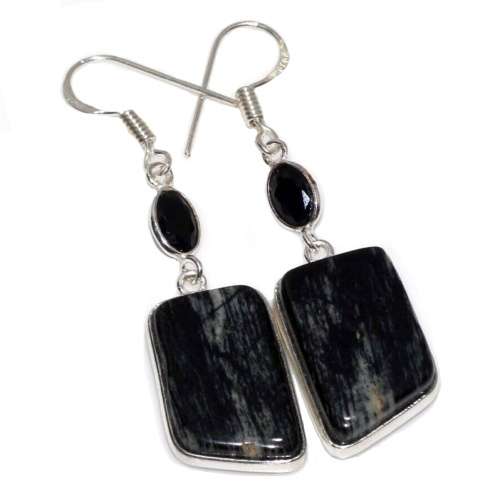 Natural Outback Jasper and Black Onyx Gemstone set in .925 Sterling Silver Plated Handmade Earrings